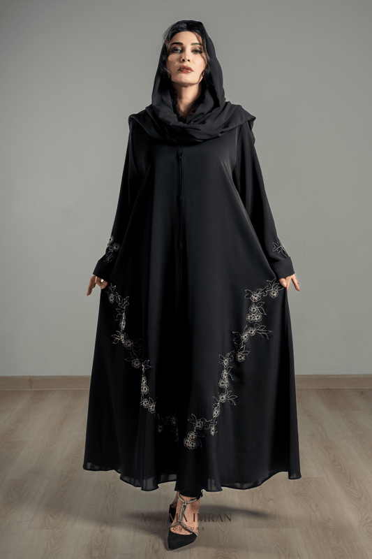 VI Noir Floral Threadwork Abaya