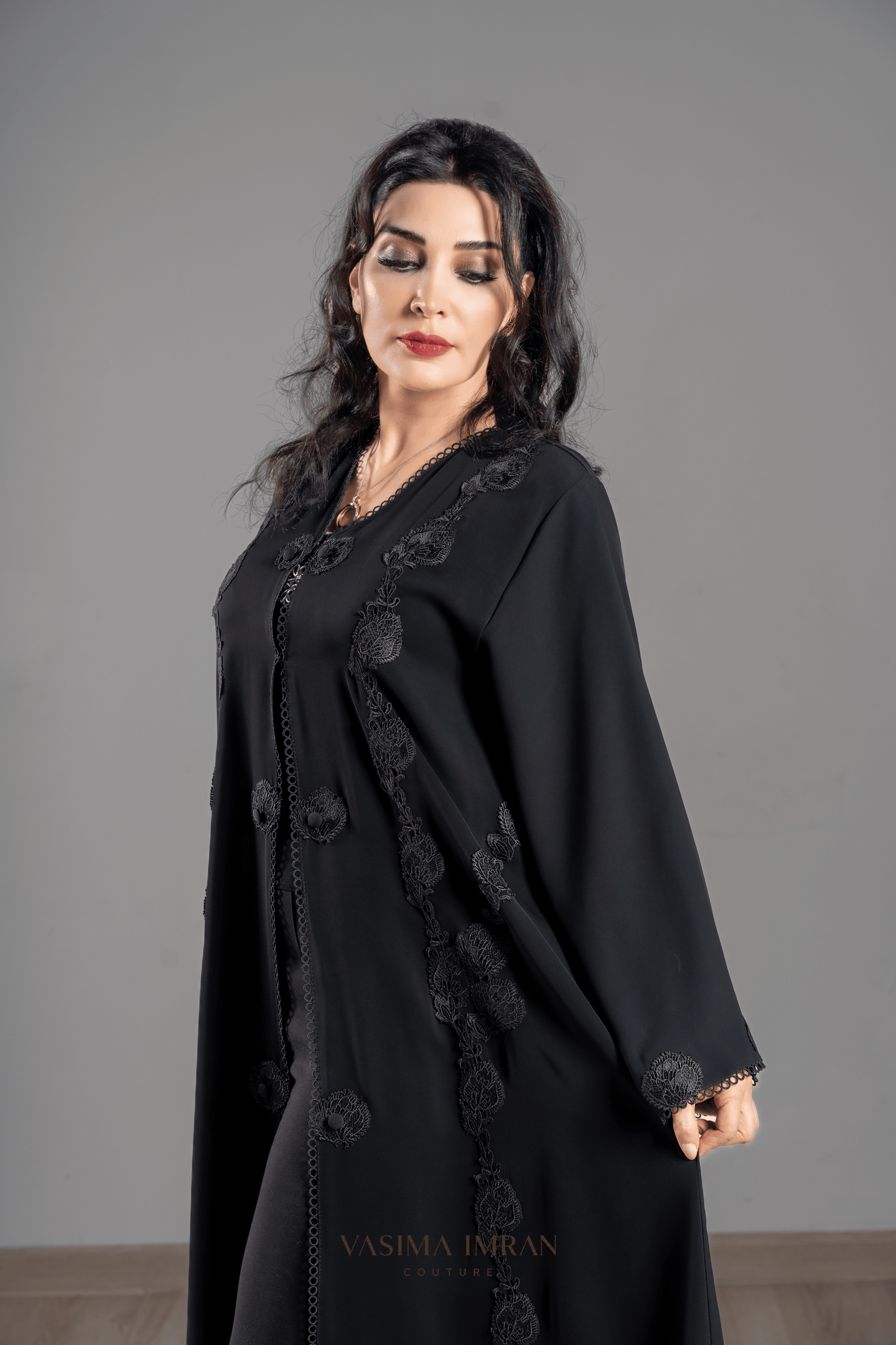 VI Noir Floral Lace Abaya